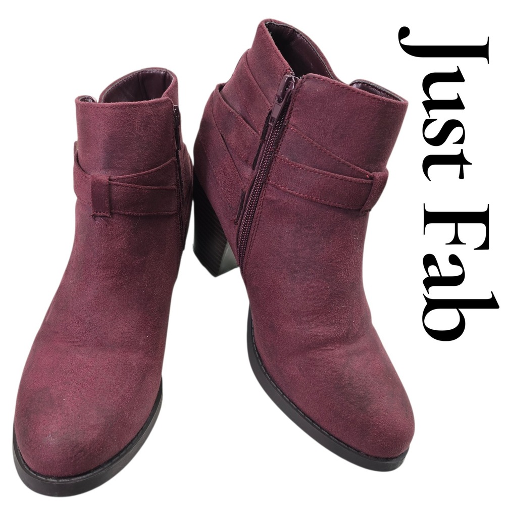 Just Fab Freda‎ Burgundy Faux Suede Ankle Boots Buckle Strap Stacked Heel 7.5